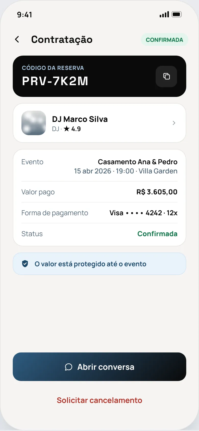 Detalhe da contratação confirmada com código da reserva