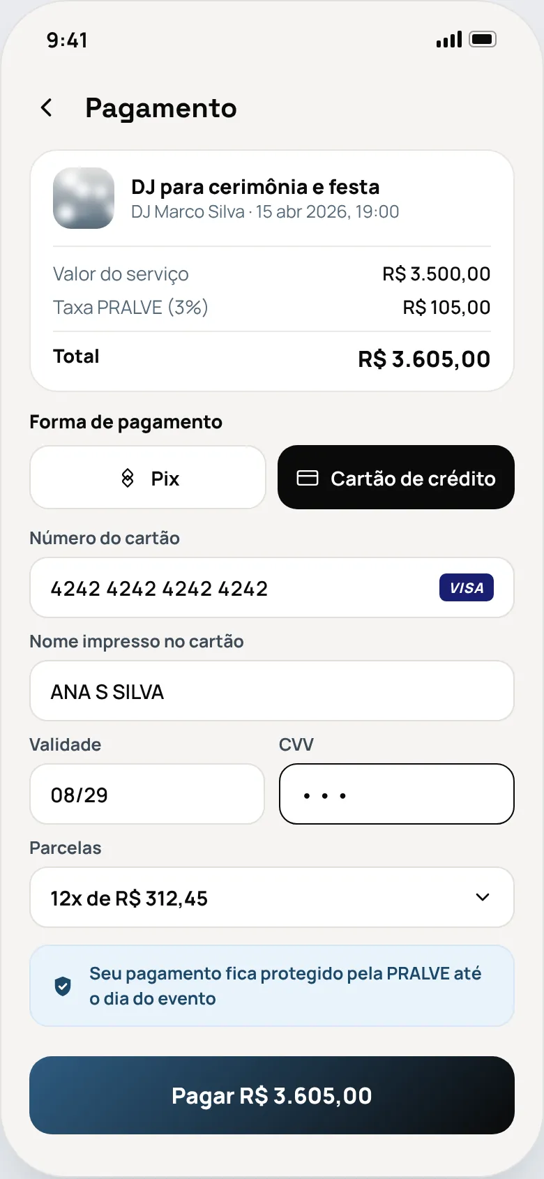 Tela de pagamento da contratação