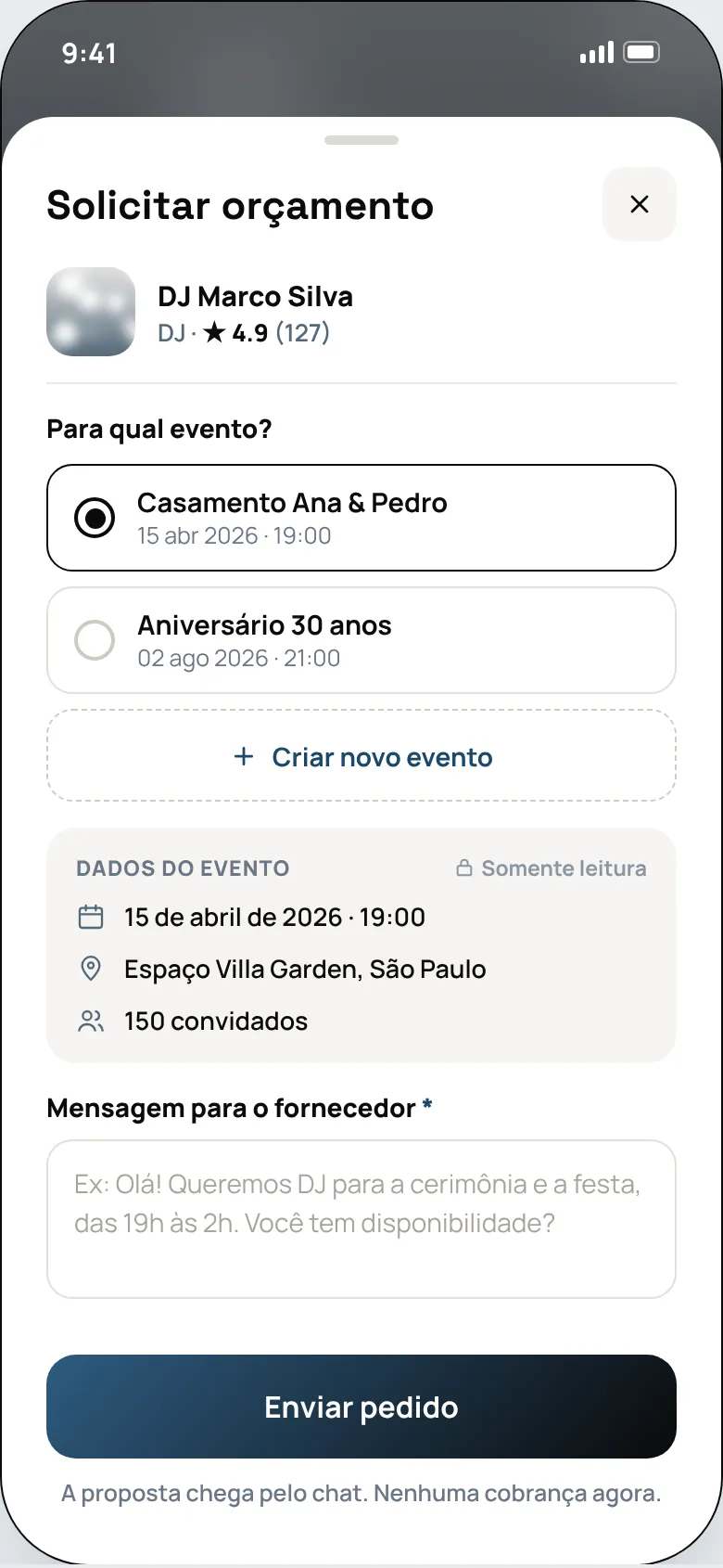 Formulário de solicitação de orçamento para um evento